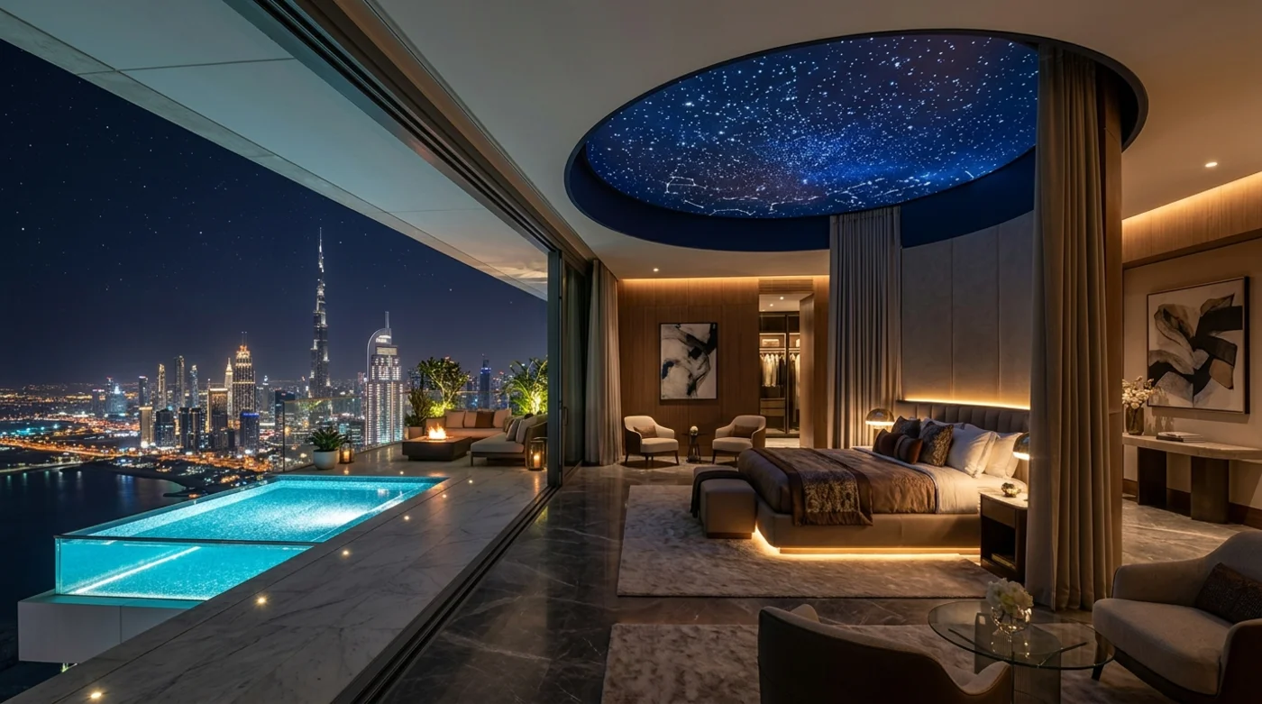 Penthouse master suite with celestial starry ceiling and private plunge pool