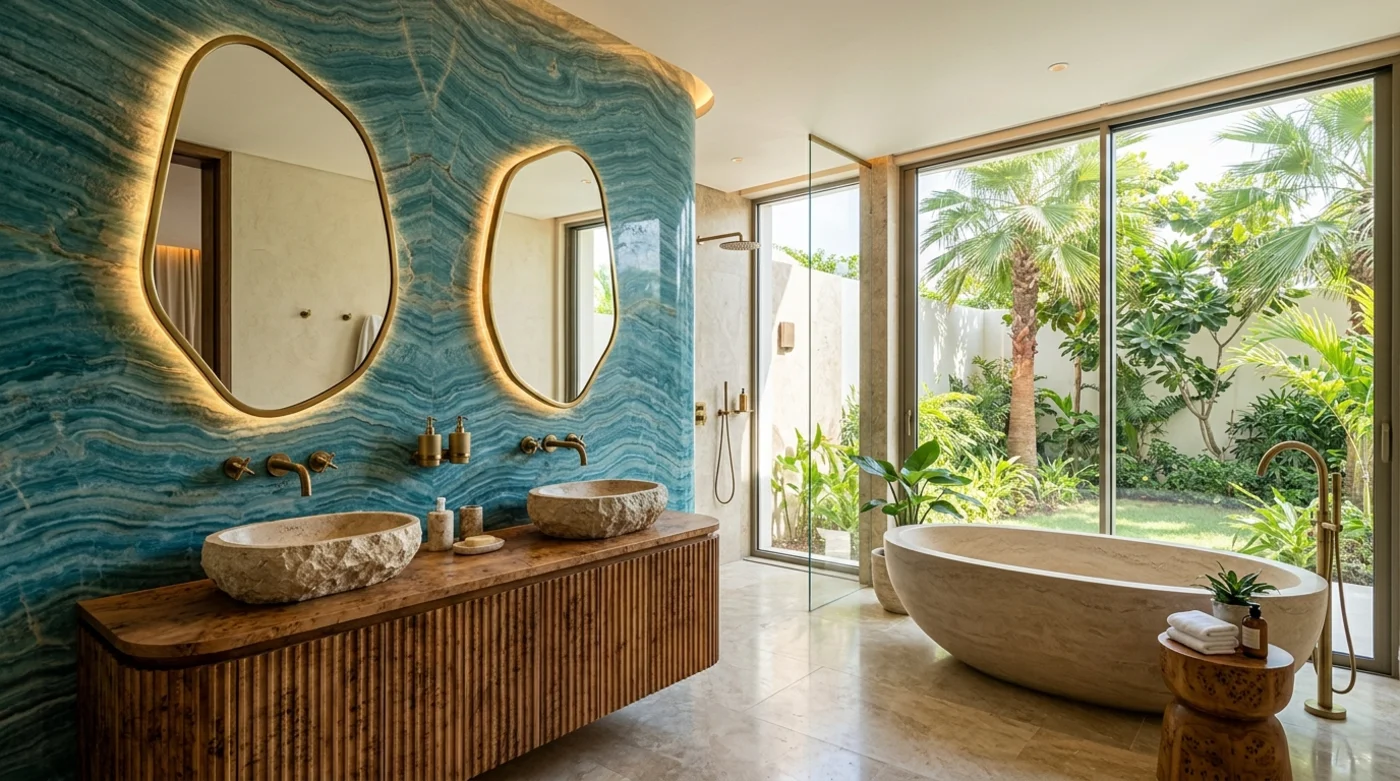 Ensuite master bathroom with turquoise stone feature wall and stone tub