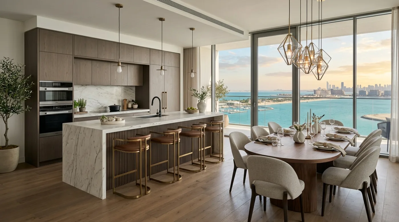 Open-concept gourmet kitchen and dining room in Hudayriyat Island residence